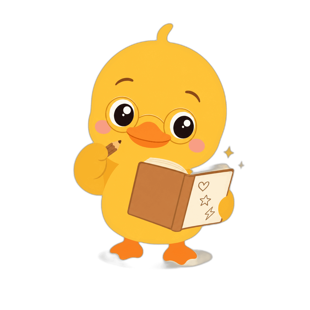 Patinho, mascote do BigDuckPlay, com óculos e caderno